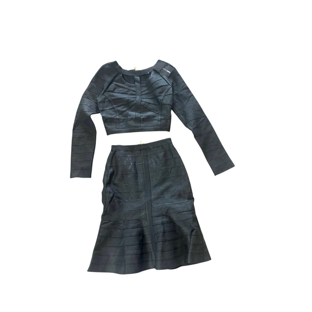 Fashion Nova black two piece long sleeve crop top and pleated skirt